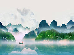 景观插图， 湖， 雾， 森林， 绿色和蓝色的山， 渔夫在船上