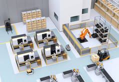 智能工厂的移动机器人、双臂机器人、重载机器人电池和Cnc机器。 3D渲染图像.