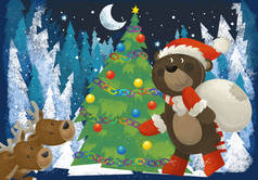 冬天场面与森林动物驯鹿和圣诞老人承担在圣诞树附近-传统场面-例证为孩子