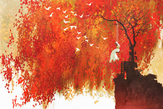 在秋千下秋天一棵树上的女人