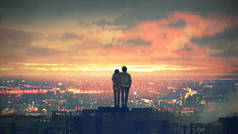 年轻夫妇站在屋顶上看日落时的城市景观，数码艺术风格，插图绘画
