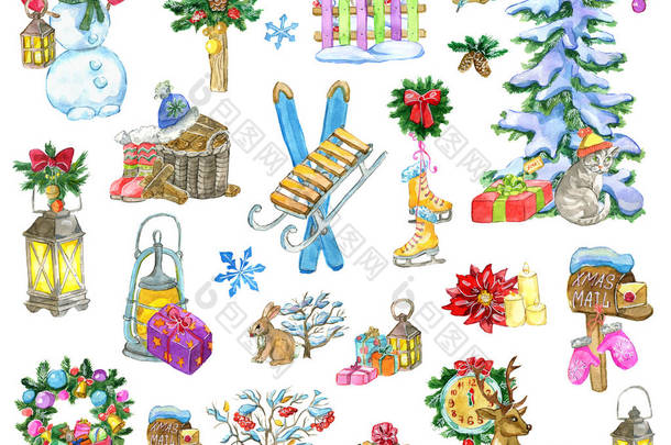设计设置与圣诞节和新年的对象, 冷<strong>杉树</strong>, 雪人, 鹿, 孤立在白色。手绘冬季水彩画插图, 节日背景为贺卡, 剪贴簿装饰