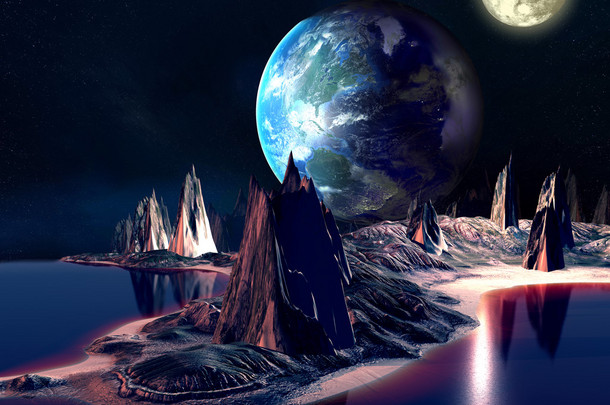 外星人的星球与地球月亮和山脉。3d 渲染的计算机艺术品。这幅图像由美国国家航空航天局提供的元素