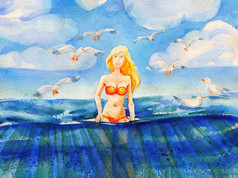 美丽的金发女孩在泳装站在蓝色的海洋