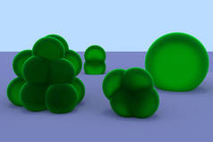 绿色, 微透明的不同大小的球体, 部分熔化