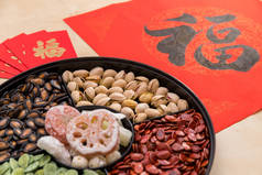 红包中式小吃托盘和中国书法单词意味着运气