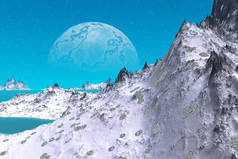 外星人星球山和水。3d 渲染 