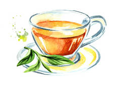 茶杯配绿茶叶。水彩手绘插图, 在白色背景下隔离