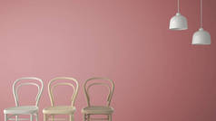 简约建筑师设计理念与三经典木椅和吊灯在粉红色背景, 客厅室内设计与复制空间