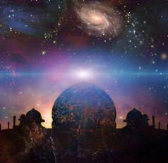 寺庙在东部样式。宇宙与星系在背景。词语云.