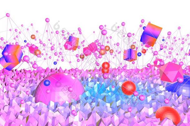 3d. 在低聚风格下绘制具有现代<strong>渐变</strong>色彩的抽象几何背景。3d 表面带蓝色红色<strong>渐变</strong>, 带网格, 幼崽, 球体和其他3d 物体。1
