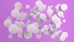紫色背景上随机大小的白色光盘。抽象背景与圈子。墙前的圆云。3d 渲染插图