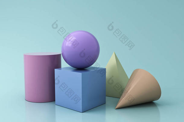 彩色粉彩几何3d 图形<strong>形状</strong>立方体金字塔锥体圆筒球形在蓝色绿色柔和的颜色背景下被隔绝以反射和阴影3d 渲染