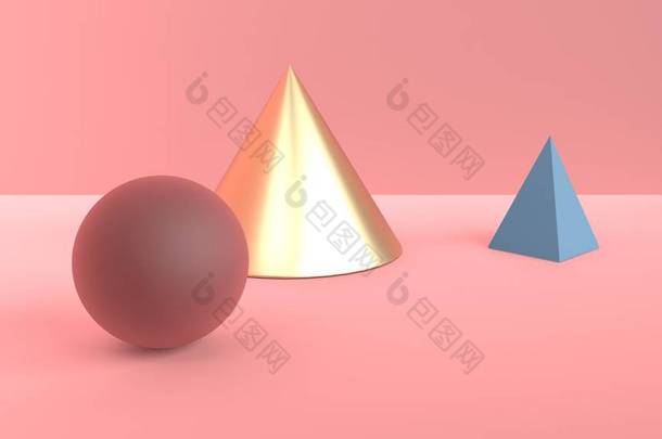 几何<strong>形状</strong>的抽象场景。金锥, 蓝色金字塔和勃艮第棕色球。柔和的漫射光在粉粉红色3d 场面。3d 渲染
