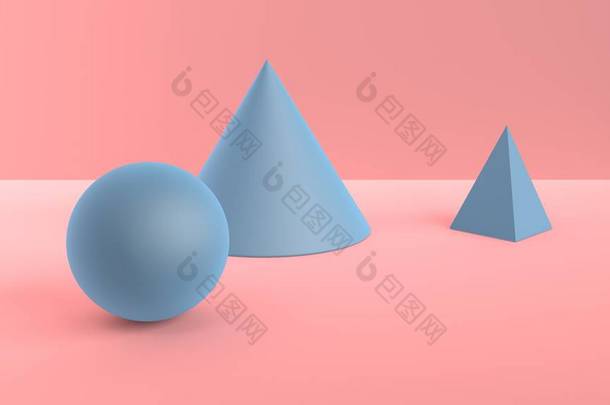 几何形状的抽象场景。球, 锥, 和金字塔蓝色。柔和的环境光在3d 场面以柔和的粉红色背景。3d 渲染