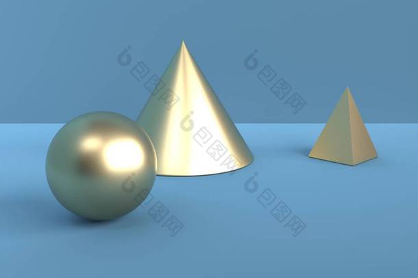 几何<strong>形状</strong>的抽象场景。球, 锥形和金字塔的黄金颜色。3d 场景中带有蓝色背景的柔和环境光线。3d 渲染