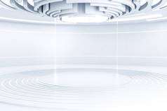 未来的白色圆形房间内部, 墙壁上有灯光, 在地板和天花板上集中圆圈。科幻小说和未来的概念。3d 渲染