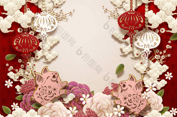 空白中国新年背景设计与小猪, 牡丹, 灯笼在纸艺术系统