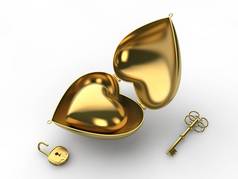 一个金盒子的形象, 形状是一颗心, 里面有一颗金子般的心, 里面有一把锁和钥匙。度假、情人节、忠诚和爱的理念。3d 渲染, 隔离在白色背景插图