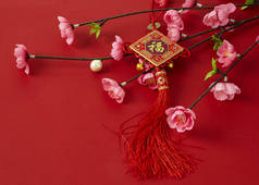 中国新年2019年节日装饰梅花在红色的背景 (汉字. 在文章中提到好运, 财富, 资金流动) 空的空间为设计
