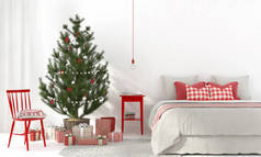 3d 插图。带红色装饰和圣诞树的米色卧室的节日内部 