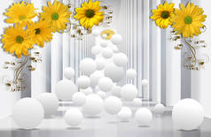 3d 壁纸, 建筑隧道与黄色菊花和球体。庆祝3d 背景.