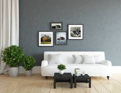 一个白色的斯堪的纳维亚客厅内部与沙发, 植物和木地板的想法。家北欧内饰。3d 插图 