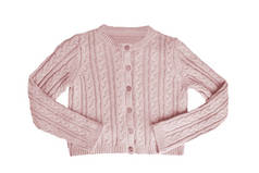 姑娘们的衣服节日漂亮的粉红小女孩毛衣或针织羊毛衫，白色背景隔离。儿童和儿童时尚.