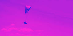 跳伞与跳伞者在天空背景。积极的生活方式。极限运动。假期、度假、旅游的概念。背景紫色蓝色双线。着色的十二元洋红色紫外线