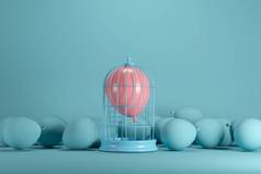 粉红色的气球漂浮在蓝色背景的白色笼子里。最小的概念概念.