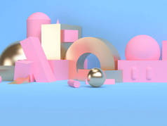 粉红色几何形状场景最小风格 3D 渲染.