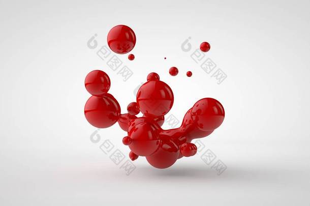 3d渲染多个滴的红色液体看起来像血液，果汁。不同形状的掉落，不同<strong>大小</strong>的掉落，随机排列在空间中，在白色背景上隔离。3d 插图