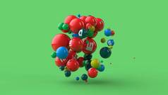在绿色背景上隔离的许多不同颜色的球的 3d 插图。维生素分散在太空中。健康饮食、力量和健康的理念。3d 渲染