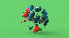 在绿色背景上隔离的许多不同颜色的球的 3d 插图。维生素分散在太空中。健康饮食、力量和健康的理念。3d 渲染