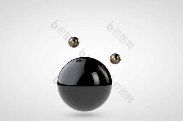 3d 插图的黑色有光泽的球，周围环绕着两个在白色背景上隔离的小球。几何<strong>形状</strong>的抽象表示。3d 渲染