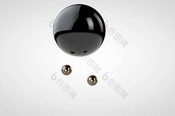 3d 插图的黑色有光泽的球，周围环绕着两个在白色背景上隔离的小球。几何形状的抽象表示。3d 渲染