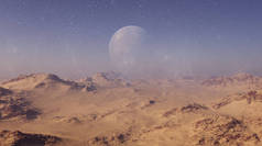 3d渲染空间艺术：外星星球 - 幻想沙漠景观与蓝天和星星