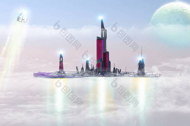 城市的未来，城市景观在云中，<strong>外星</strong>星球。其他世界。太空船科幻，科幻小说，风景。3d 渲染