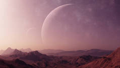 3d 渲染空间艺术：外星星球 - 紫色天空的幻想景观