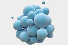 蓝色球体，具有纹理表面，随机分布，3D 渲染.