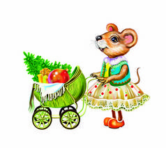有趣的鼠标拖着一辆带玩具的婴儿车和圣诞树,圣诞快乐和新年快乐贺卡,老鼠是一年的象征,一个孤立的字符在白色背景