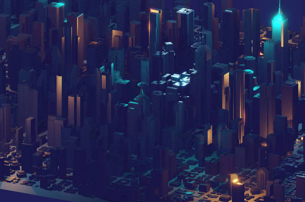由发光线光构成的数字抽象城市。商业摩天大楼。发光线条和颗粒的建筑技术结构。连接的概念。3d渲染