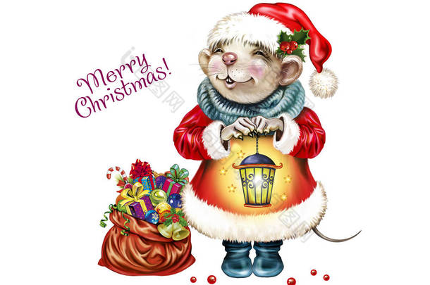 老鼠<strong>装扮</strong>成圣诞老人的插图，带着一袋礼物和灯，象征着新年，白色背景上的孤立人物
