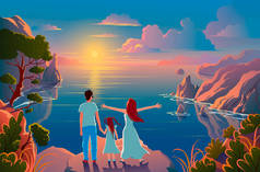 家庭站在悬崖边上，欣赏美丽的自然景色，欣赏日落和风景