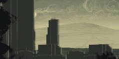2d 插图。摩天大楼未来城市大都市。数字艺术。手工数码绘画。日落.