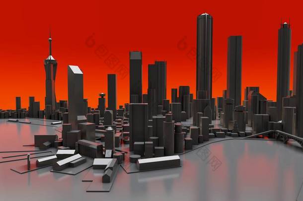 现代城市的<strong>立体</strong>景观。大都市的巨大布局。3D渲染.