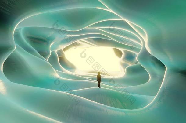 一个宇航员站在一个<strong>外星</strong>星球表面的洞穴里。在梦幻般的风景背景下剪影。3d 渲染.