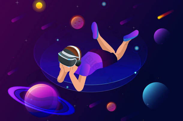 等轴测虚拟现实概念。一个戴着虚拟现实眼镜的男孩看着行星，彗星和星星，太空探索.