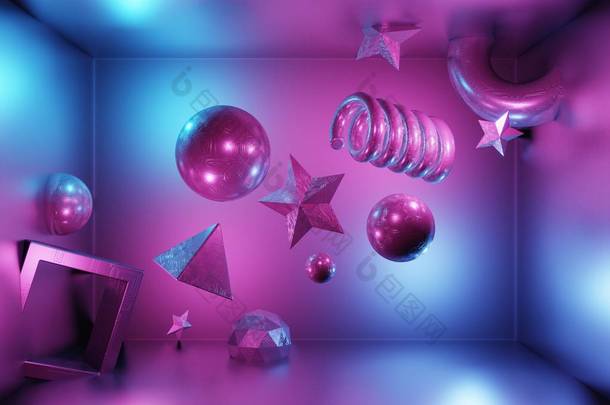 3D渲染抽象艺术的科幻小说背景。 球、立方体、恒星、螺旋体、冰球、环状金属质感的简单形式在没有重力的情况下飞行。 <strong>浅</strong>紫色，蓝色霓虹灯。 现代色彩潮流i