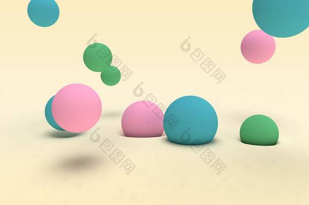 三维渲染许多不同尺寸的彩球在米色表面和半面上方的空间。 摘要背景、面向未来的设计、<strong>桌面图</strong>像、抽象构图.